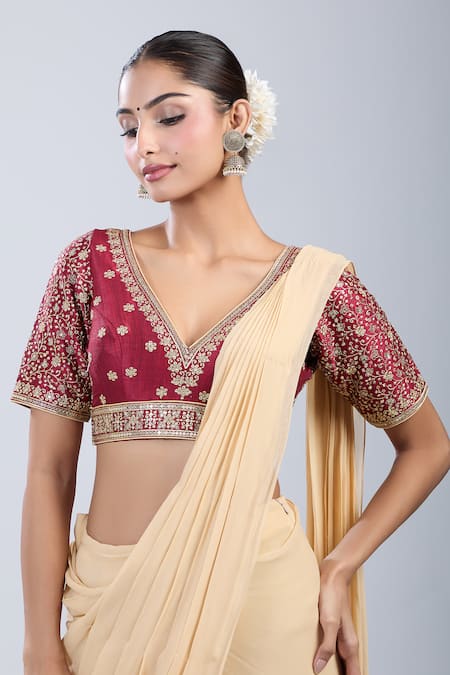 Samyukta Singhania_Maroon Silk Embroidery V-neck Floral Blouse _Online_at_Aza_Fashions