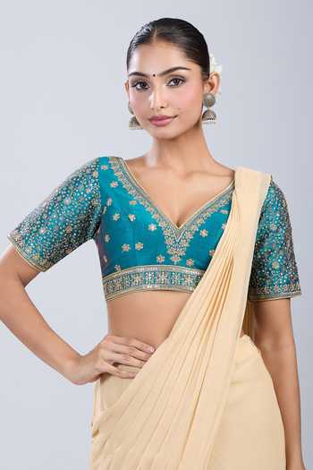 Samyukta Singhania Green Silk Embroidery V-neck Floral Blouse Online at Aza Fashions Samyukta Singhania_Green Silk Embroidery V-neck Floral Blouse _Online_at_Aza_Fashions