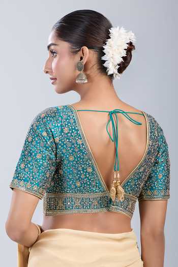 Shop Samyukta Singhania Green Silk Embroidery V-neck Floral Blouse at Aza Fashions Shop_Samyukta Singhania_Green Silk Embroidery V-neck Floral Blouse _at_Aza_Fashions
