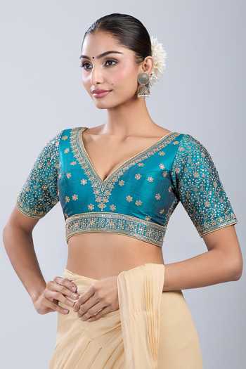 Buy Samyukta Singhania Green Silk Embroidery V-neck Floral Blouse Online at Aza Fashions Buy_Samyukta Singhania_Green Silk Embroidery V-neck Floral Blouse _Online_at_Aza_Fashions