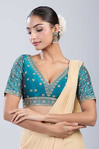 Shop Samyukta Singhania Green Silk Embroidery V-neck Floral Blouse Online at Aza Fashions Shop_Samyukta Singhania_Green Silk Embroidery V-neck Floral Blouse _Online_at_Aza_Fashions