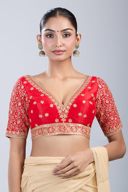 Samyukta Singhania_Red Silk Embroidery V-neck Floral Blouse _Online_at_Aza_Fashions