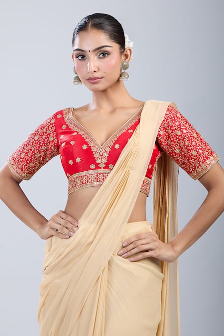 Buy_Samyukta Singhania_Red Silk Embroidery V-neck Floral Blouse _Online_at_Aza_Fashions