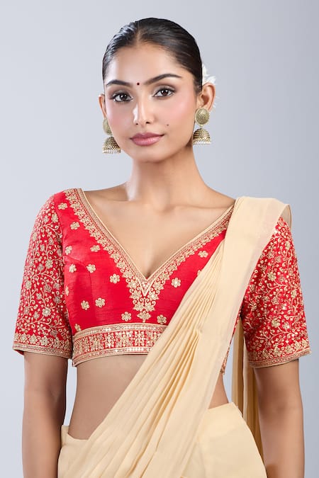 Shop_Samyukta Singhania_Red Silk Embroidery V-neck Floral Blouse _Online_at_Aza_Fashions