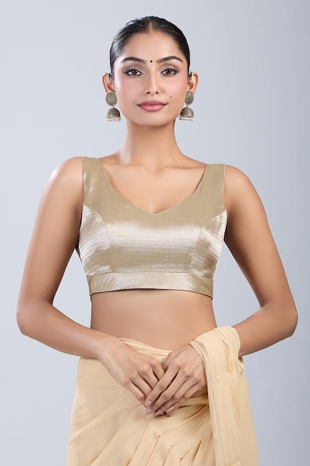 Samyukta Singhania Silver Silk V-neck Textured Self Design Blouse 