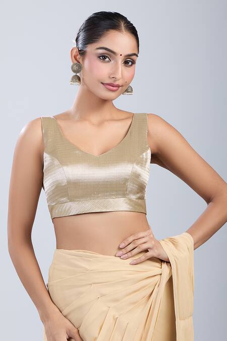 Samyukta Singhania_Silver Silk V-neck Textured Self Design Blouse _Online_at_Aza_Fashions
