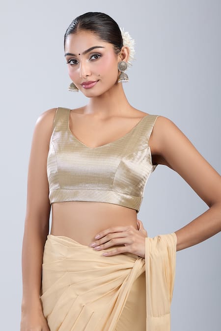Buy_Samyukta Singhania_Silver Silk V-neck Textured Self Design Blouse _Online_at_Aza_Fashions