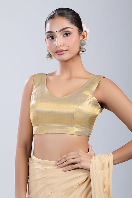Buy_Samyukta Singhania_Gold Silk V-neck Textured Self Design Blouse _Online_at_Aza_Fashions
