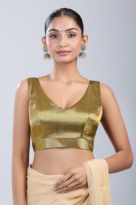 Buy_Samyukta Singhania_Green Silk V-neck Textured Self Design Blouse _Online_at_Aza_Fashions