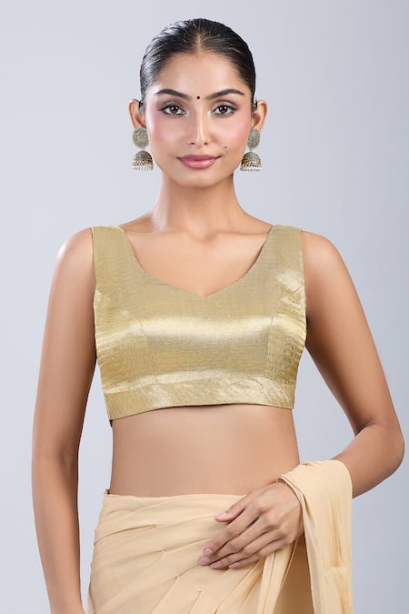 Buy Samyukta Singhania Rose Gold Silk Leaf Neck Geometric Pattern Blouse Online at Aza Fashions Buy_Samyukta Singhania_Rose Gold Silk Leaf Neck Geometric Pattern Blouse _Online_at_Aza_Fashions