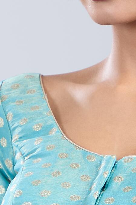 Naintara Bajaj Blue Tissue Round Neck Butti Pattern Blouse Online at Aza Fashions Naintara Bajaj_Blue Tissue Round Neck Butti Pattern Blouse _Online_at_Aza_Fashions