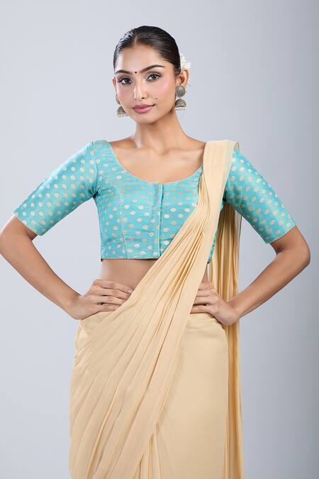 Buy Naintara Bajaj Blue Tissue Round Neck Butti Pattern Blouse Online at Aza Fashions Buy_Naintara Bajaj_Blue Tissue Round Neck Butti Pattern Blouse _Online_at_Aza_Fashions