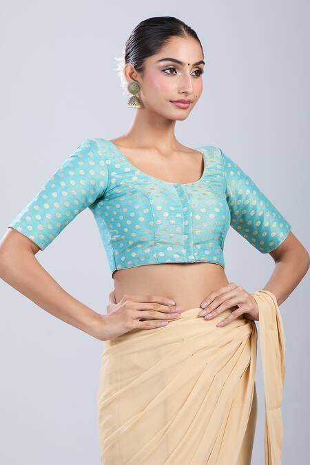 Shop Naintara Bajaj Blue Tissue Round Neck Butti Pattern Blouse Online at Aza Fashions Shop_Naintara Bajaj_Blue Tissue Round Neck Butti Pattern Blouse _Online_at_Aza_Fashions