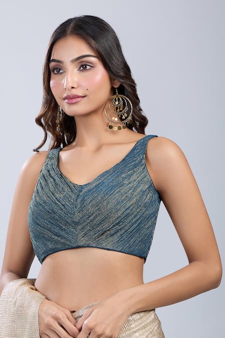 Buy Samyukta Singhania Blue Tissue V-neck Sleeveless Textured Blouse Online at Aza Fashions Buy_Samyukta Singhania_Blue Tissue V-neck Sleeveless Textured Blouse _Online_at_Aza_Fashions