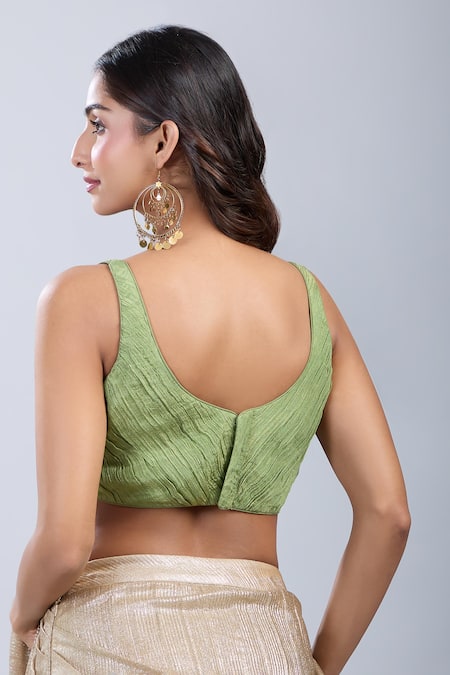 Shop_Samyukta Singhania_Green Tissue Scoop Neck Sleeveless Textured Blouse _at_Aza_Fashions