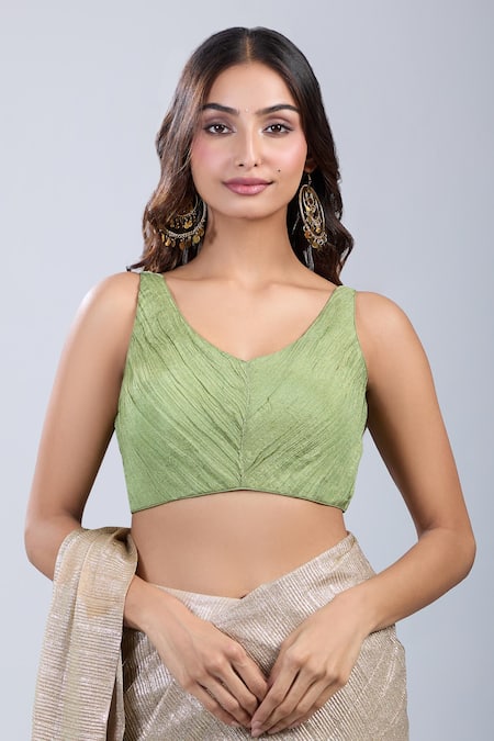 Samyukta Singhania_Green Tissue Scoop Neck Sleeveless Textured Blouse _Online_at_Aza_Fashions