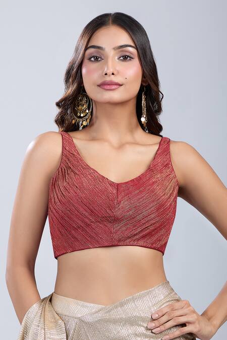 Buy_Samyukta Singhania_Rust Tissue Scoop Neck Textured Sleeveless Blouse _Online_at_Aza_Fashions