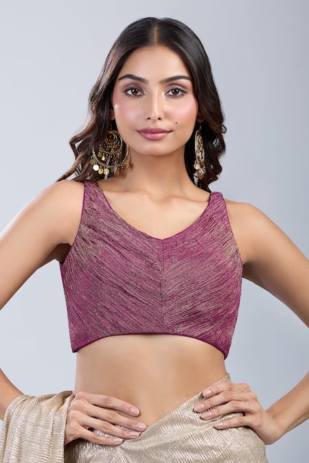 Samyukta Singhania_Wine Tissue V-neck Textured Sleeveless Blouse _Online_at_Aza_Fashions
