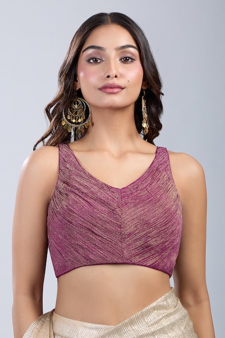 Shop_Samyukta Singhania_Wine Tissue V-neck Textured Sleeveless Blouse _Online_at_Aza_Fashions