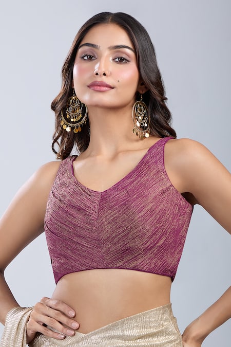 Samyukta Singhania_Wine Tissue V-neck Textured Sleeveless Blouse _at_Aza_Fashions