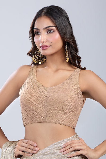 Shop_Samyukta Singhania_Brown Tissue Scoop Neck Textured Sleeveless Blouse _Online_at_Aza_Fashions