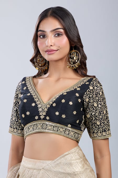 Samyukta Singhania_Black Silk Embroidery V-neck Floret Blouse _Online_at_Aza_Fashions
