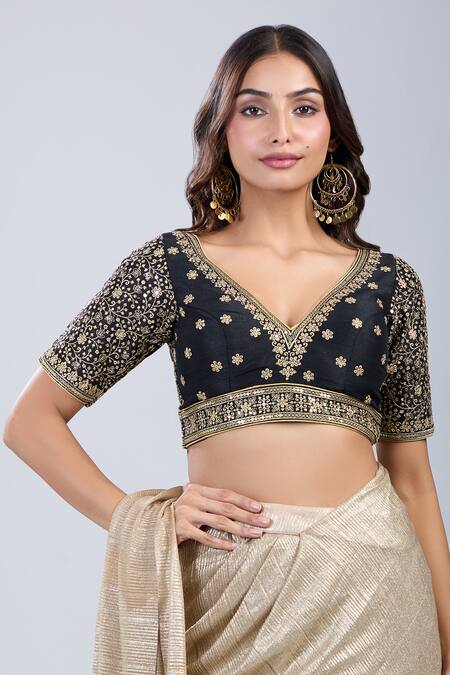 Buy_Samyukta Singhania_Black Silk Embroidery V-neck Floret Blouse _Online_at_Aza_Fashions