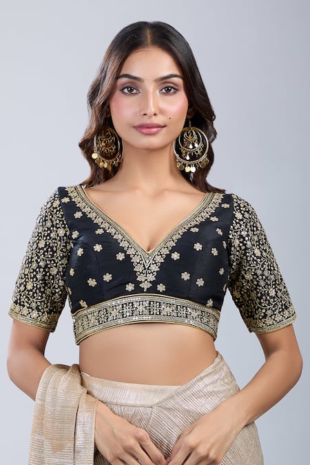 Samyukta Singhania Black Silk Embroidery V-neck Floret Blouse 