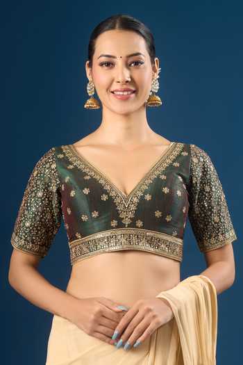 Buy Samyukta Singhania Green Silk Embroidery V-neck Floret Blouse at Aza Fashions Buy_Samyukta Singhania_Green Silk Embroidery V-neck Floret Blouse _at_Aza_Fashions
