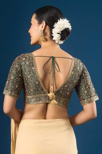 Shop Samyukta Singhania Green Silk Embroidery V-neck Floret Blouse at Aza Fashions Shop_Samyukta Singhania_Green Silk Embroidery V-neck Floret Blouse _at_Aza_Fashions