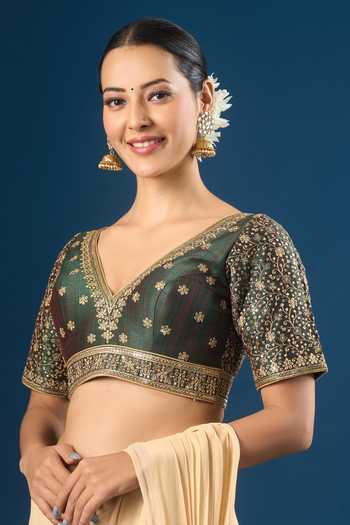 Samyukta Singhania Green Silk Embroidery V-neck Floret Blouse Online at Aza Fashions Samyukta Singhania_Green Silk Embroidery V-neck Floret Blouse _Online_at_Aza_Fashions