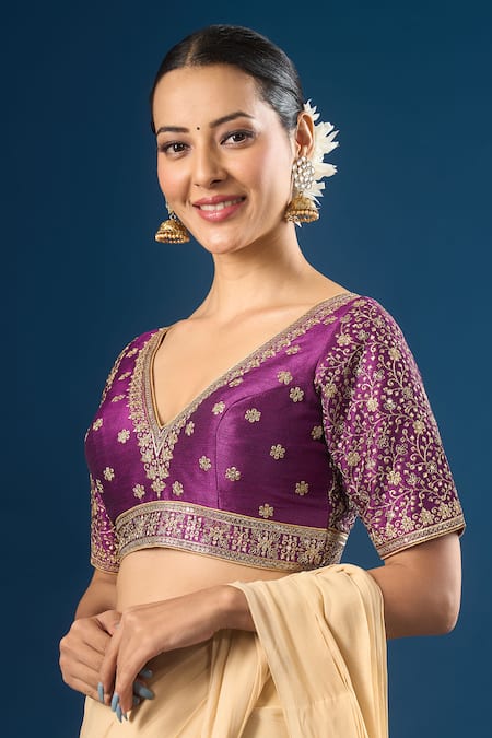 Samyukta Singhania_Purple Silk Embroidery V-neck Bloom Blouse _Online_at_Aza_Fashions