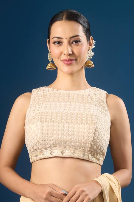 Shop Samyukta Singhania Gold Embroidery Round Neck Geometric Pattern Blouse Online at Aza Fashions Shop_Samyukta Singhania_Gold Embroidery Round Neck Geometric Pattern Blouse _Online_at_Aza_Fashions