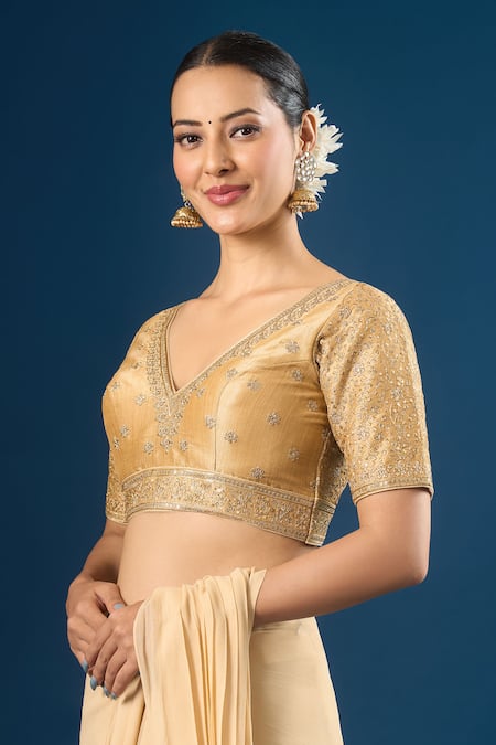 Samyukta Singhania Gold Silk Embroidery V-neck Bloom Blouse Online at Aza Fashions Samyukta Singhania_Gold Silk Embroidery V-neck Bloom Blouse _Online_at_Aza_Fashions