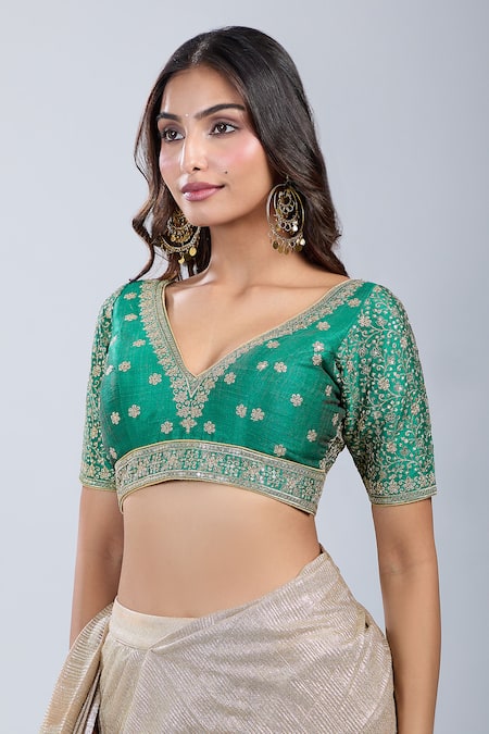 Samyukta Singhania_Green Silk Embroidery V-neck Bloom Blouse _Online_at_Aza_Fashions