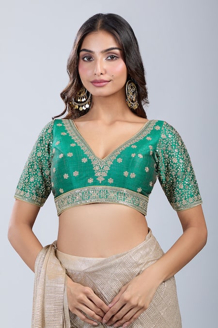 Buy_Samyukta Singhania_Green Silk Embroidery V-neck Bloom Blouse _Online_at_Aza_Fashions
