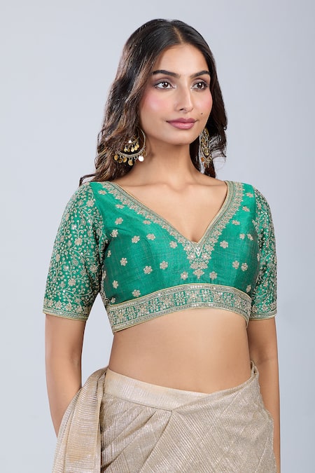 Shop_Samyukta Singhania_Green Silk Embroidery V-neck Bloom Blouse _Online_at_Aza_Fashions