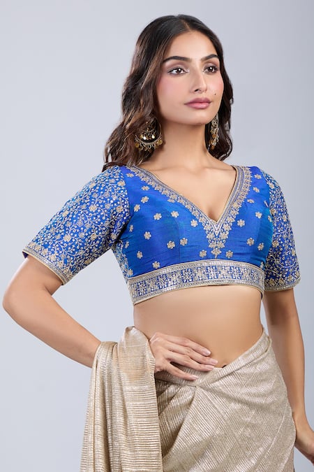 Buy_Samyukta Singhania_Blue Silk Embroidery V-neck Floret Blouse _Online_at_Aza_Fashions
