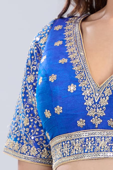 Shop_Samyukta Singhania_Blue Silk Embroidery V-neck Floret Blouse _Online_at_Aza_Fashions