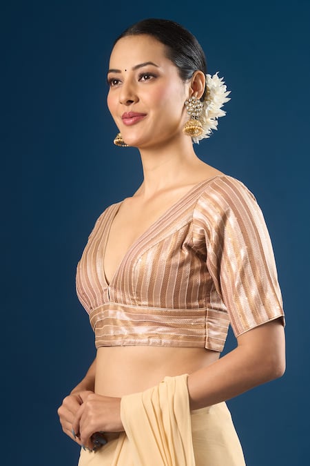 Samyukta Singhania_Rose Gold Sequins V-neck Stripe Pattern Blouse _Online_at_Aza_Fashions