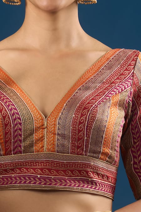 Buy_Samyukta Singhania_Maroon Brocade V-neck Color Block Pattern Blouse _Online_at_Aza_Fashions