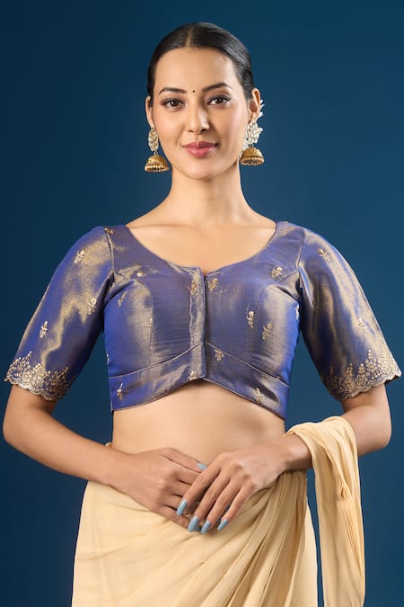 Naintara Bajaj Blue Embroidery Round Neck Butti Blouse 