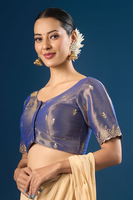 Naintara Bajaj Blue Embroidery Round Neck Butti Blouse Online at Aza Fashions Naintara Bajaj_Blue Embroidery Round Neck Butti Blouse _Online_at_Aza_Fashions