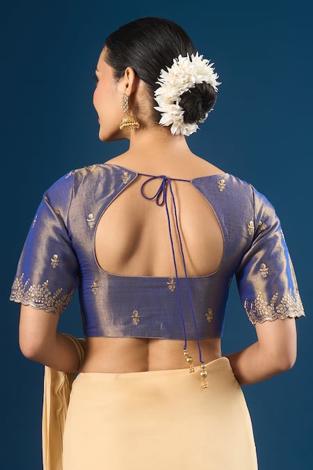 Shop Naintara Bajaj Blue Embroidery Round Neck Butti Blouse at Aza Fashions Shop_Naintara Bajaj_Blue Embroidery Round Neck Butti Blouse _at_Aza_Fashions