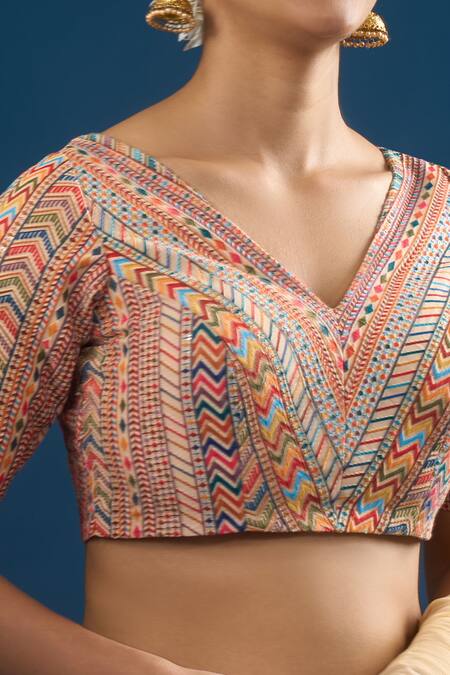 Buy_Samyukta Singhania_Multi Color Embroidery V-neck Geometric And Floral Pattern Blouse _Online_at_Aza_Fashions