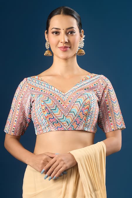 Buy Samyukta Singhania Multi Color Embroidery V-neck Geometric And Floral Pattern Blouse Online at Aza Fashions Buy_Samyukta Singhania_Multi Color Embroidery V-neck Geometric And Floral Pattern Blouse _Online_at_Aza_Fashions