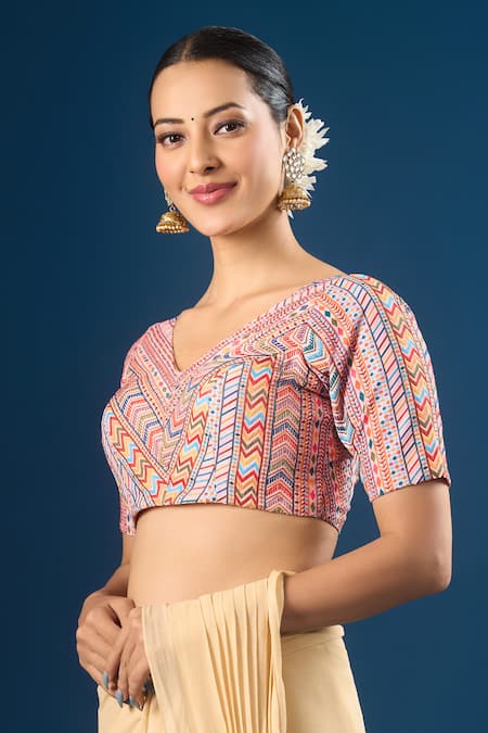 Samyukta Singhania Peach Embroidery V-neck Geometric And Floral Pattern Blouse Online at Aza Fashions Samyukta Singhania_Peach Embroidery V-neck Geometric And Floral Pattern Blouse _Online_at_Aza_Fashions