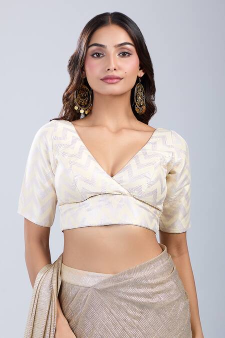 Samyukta Singhania_Gold Brocade Plunge Neck Pattern Blouse _Online_at_Aza_Fashions