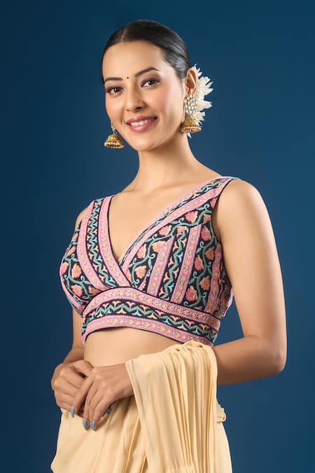 Samyukta Singhania Black Cotton V-neck Floral Garden Pattern Blouse Online at Aza Fashions Samyukta Singhania_Black Cotton V-neck Floral Garden Pattern Blouse _Online_at_Aza_Fashions