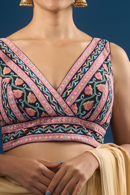 Buy Samyukta Singhania Black Cotton V-neck Floral Garden Pattern Blouse Online at Aza Fashions Buy_Samyukta Singhania_Black Cotton V-neck Floral Garden Pattern Blouse _Online_at_Aza_Fashions